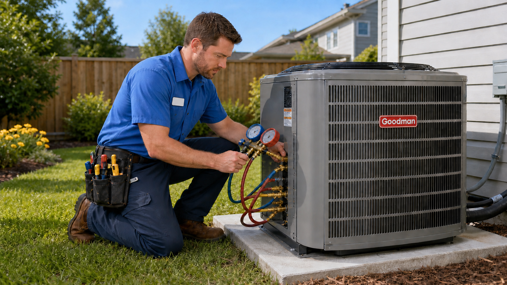 HVAC technician in a blue shirt kneeling outside a home, installing a Goodman air conditioning unit on a concrete pad.
